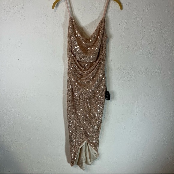 LULU’S Glamorous Arrival Rose Gold Sequin Midi Tulip Dress - Picture 3 of 13